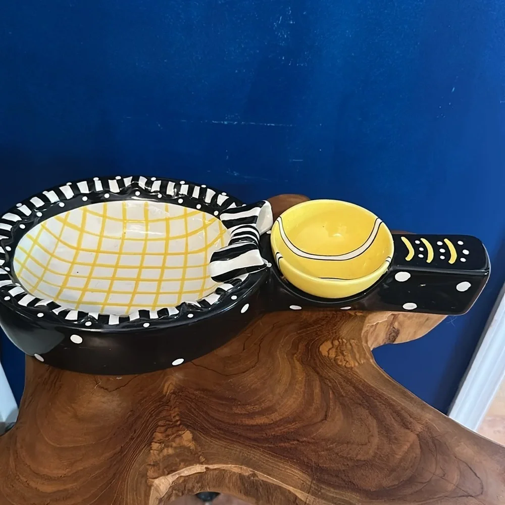 Ceramic Whimsical Yellow & Black Tennis Racket and Ball Chip & Dip Platter